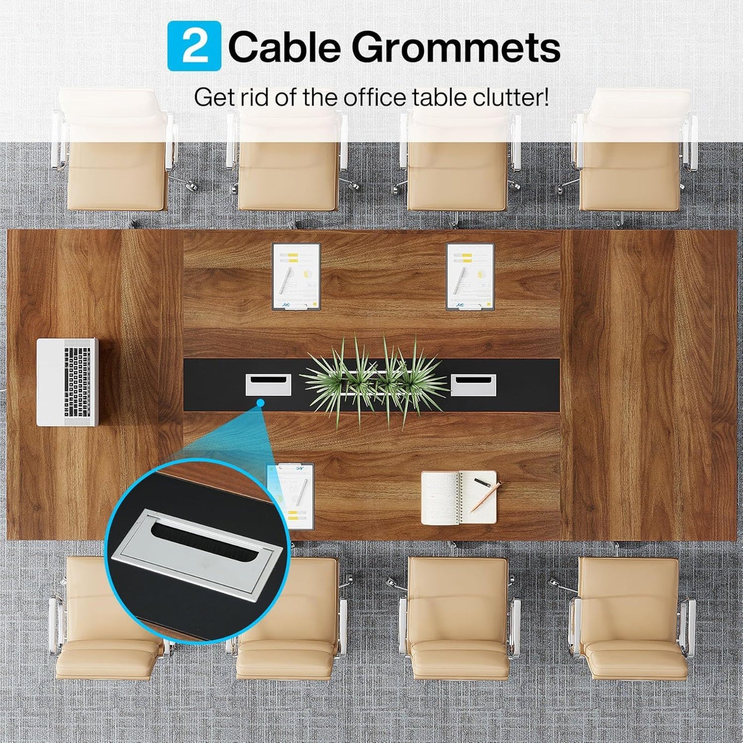 Conference Table For 8 - 10 People With Cable Management - Brown / Black