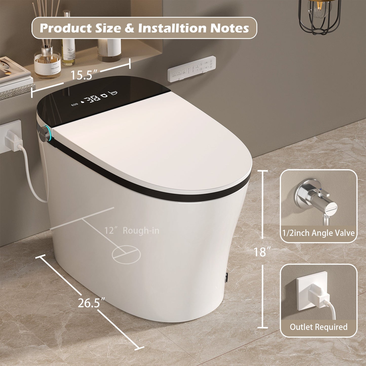 Smart Toilet with Bidet Built In, Heated Seat, Auto Flush, and LED Display