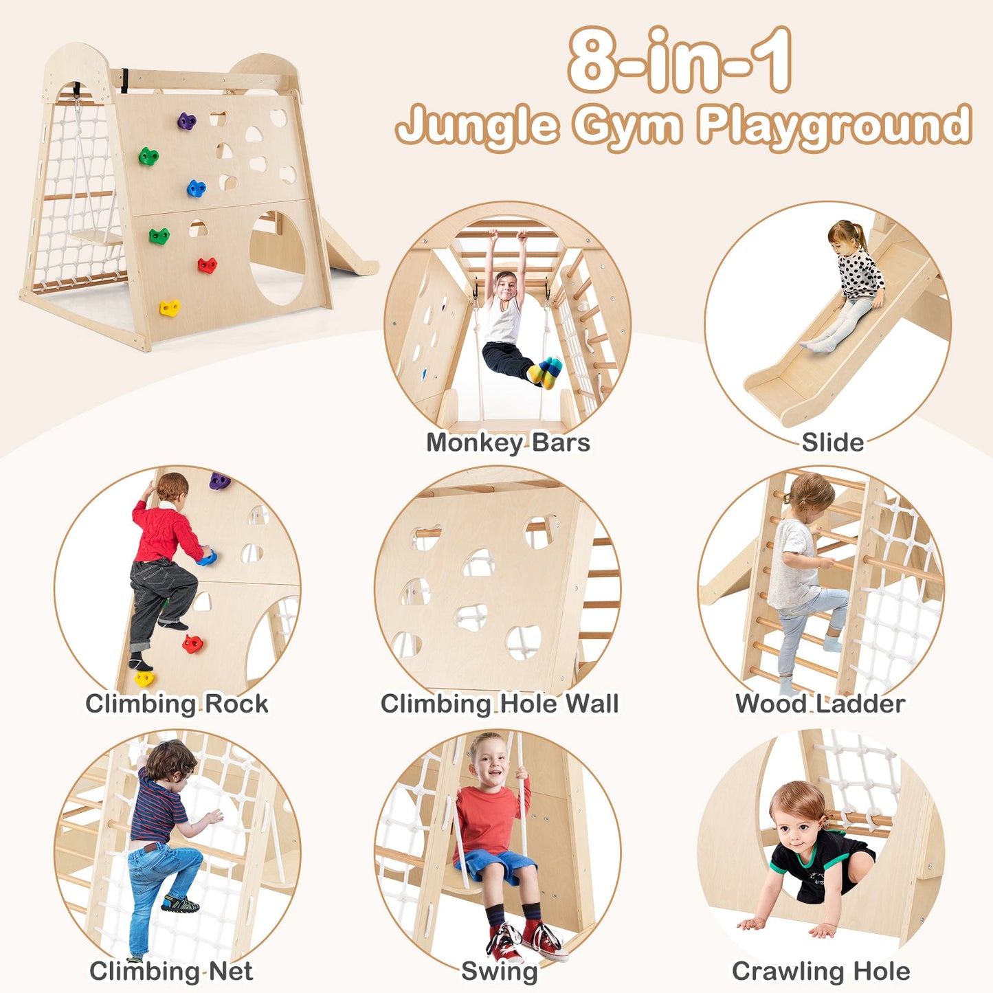 8-in-1 Indoor Jungle Gym Wooden Playground with Swing and Climbing Wall-Natural