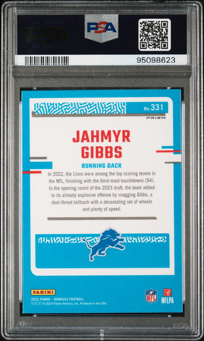 Graded 2023 Panini Donruss Jahmyr Gibbs #331 Optic Preview Blue Scope Rookie RC Football Card PSA 10 Gem Mint