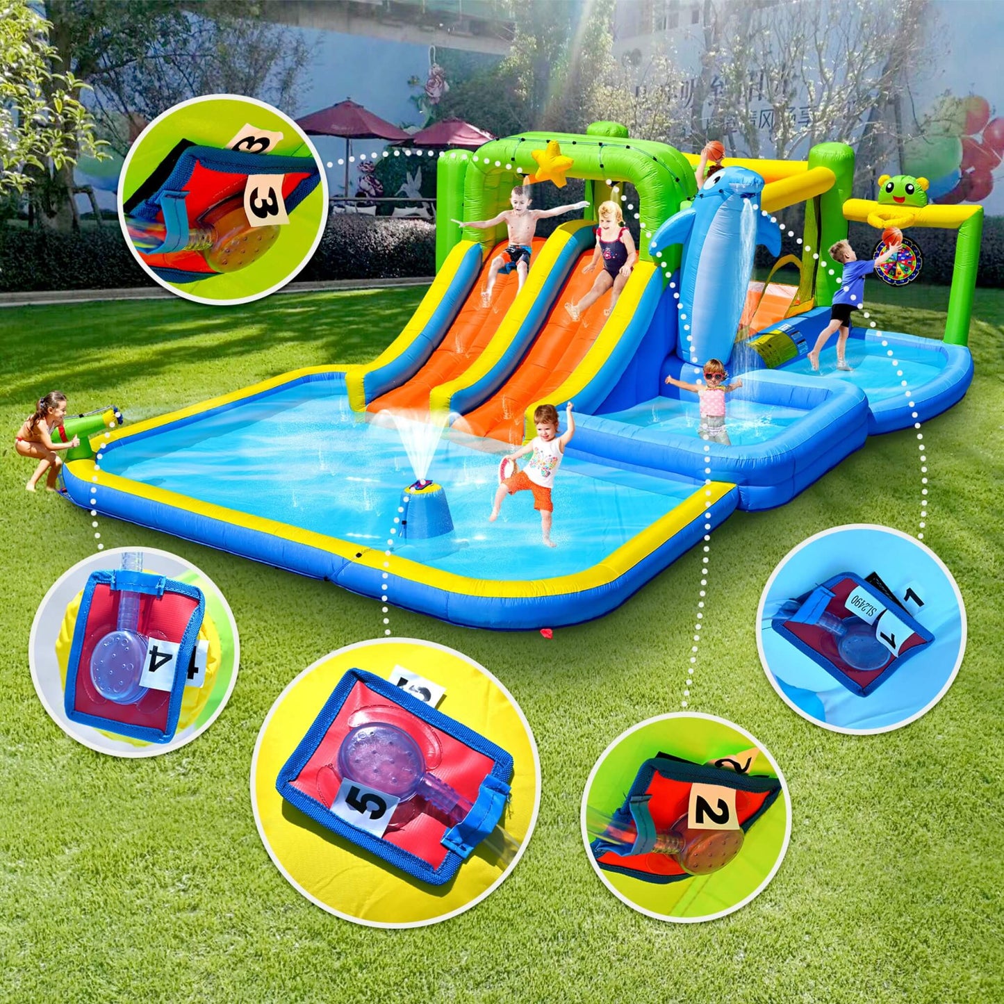 9-In-1 Inflatable Bounce House With Pool, Sprinkler, And Water Gun (SAK98154)