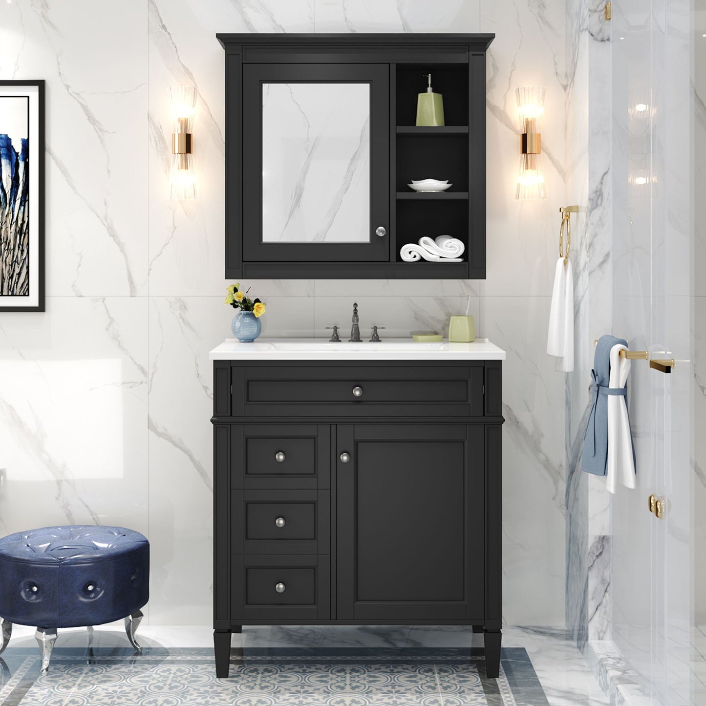 Bathroom Vanity With Medicine Cabinet, Royal Mirror Cabinet, Modern Bathroom Storage Cabinet With 2 Soft Closing Doors And 4 Drawers