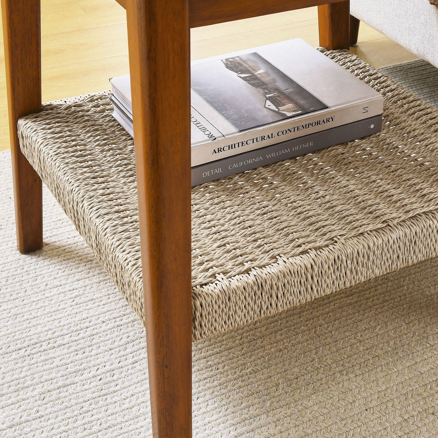 Mid - Century Square Side Table With Woven Shelf - Walnut