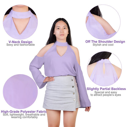 Women\'s Sexy Off The Shoulder Blouses Cold Shoulder Tops V-Neck Long Sleeve T-Shirt Solid Color Summer