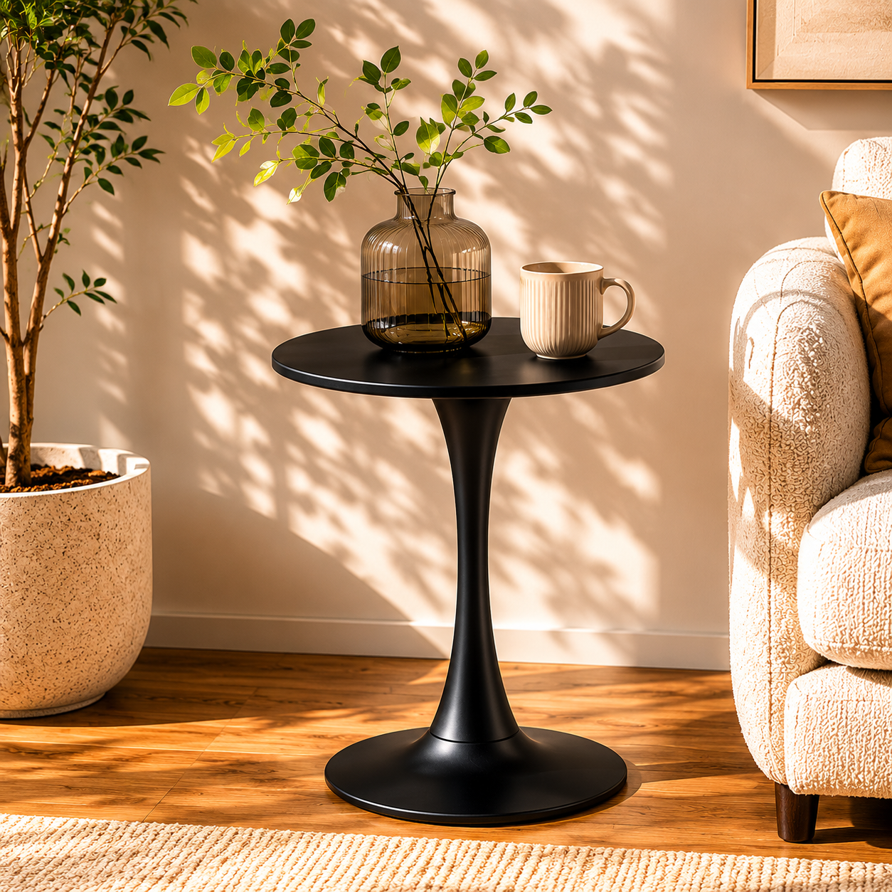 Black Round Dining Table with MDF Top and Matte Iron Base