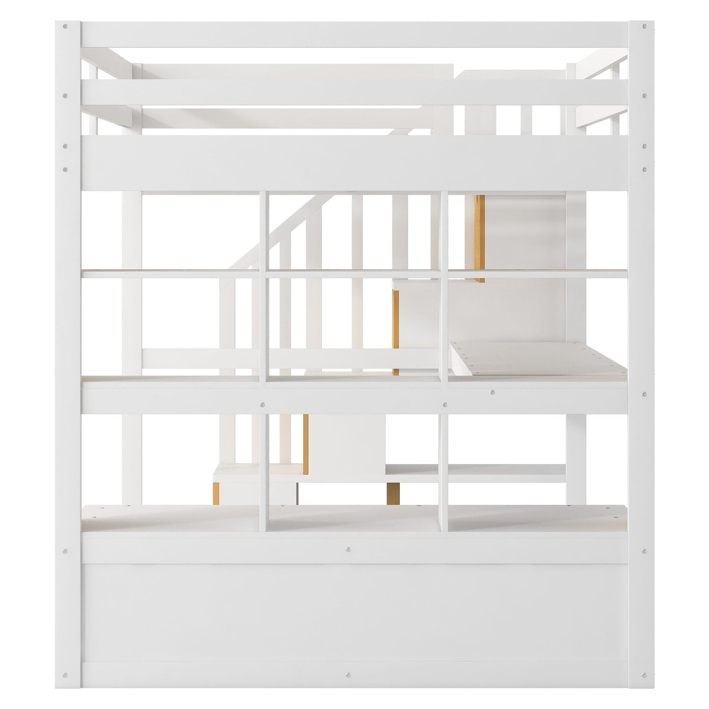 Full Size Loft Bed With Desk And Shelves, 2 Built In Drawers, Storage Staircase - White