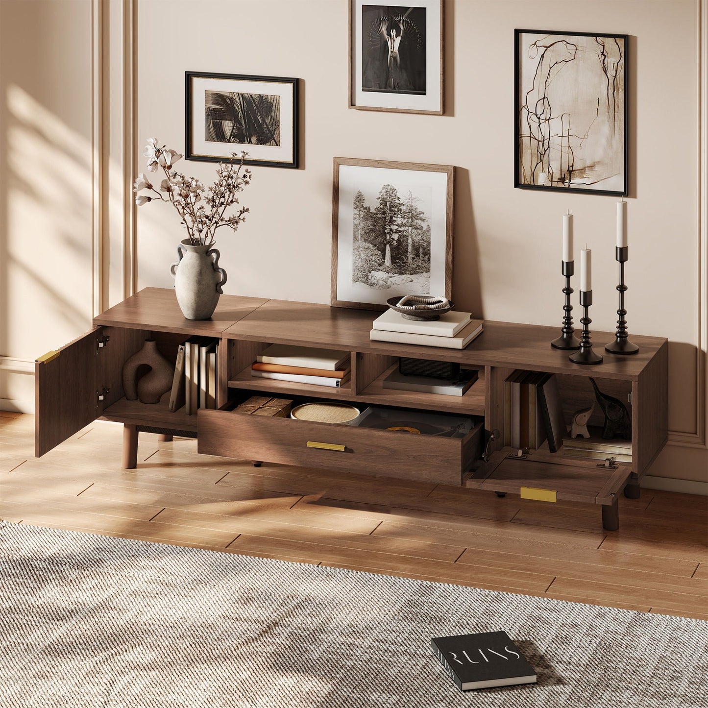 TV Stand For 75" TVs With Soft Closing Doors, Console With Accents And Drop Down Cabinet - Dark Brown