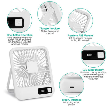 Portable Desk Fan USB Rechargeable Table Cooling Fan Quiet 5 Blades Desktop Fan with 3 Speeds Ajustment for Bedroom Office