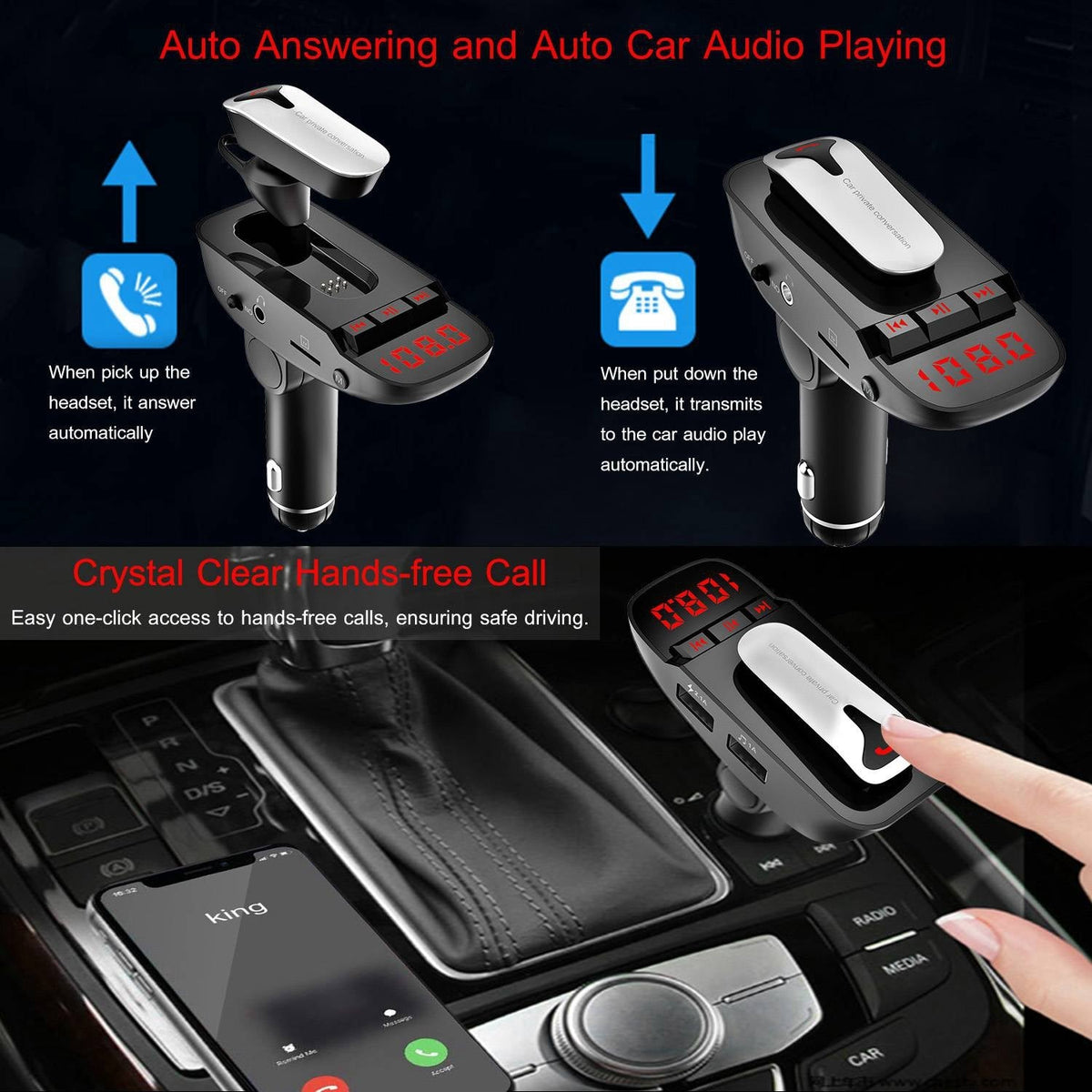 Car FM Transmitter w/ Wireless Earpiece 2 USB Charge Ports Hands-free Call MP3 Player TF Card Aux-in