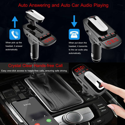 Car FM Transmitter w/ Wireless Earpiece 2 USB Charge Ports Hands-free Call MP3 Player TF Card Aux-in