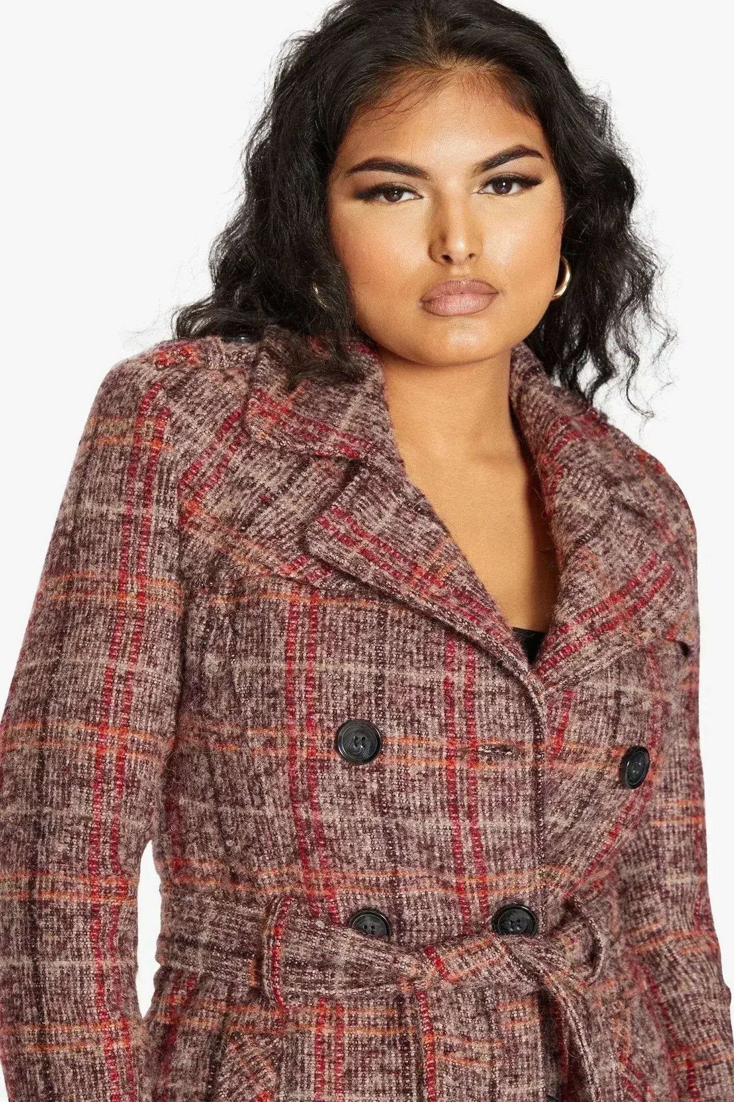 Wool Blend Check Double Breasted Military Coat