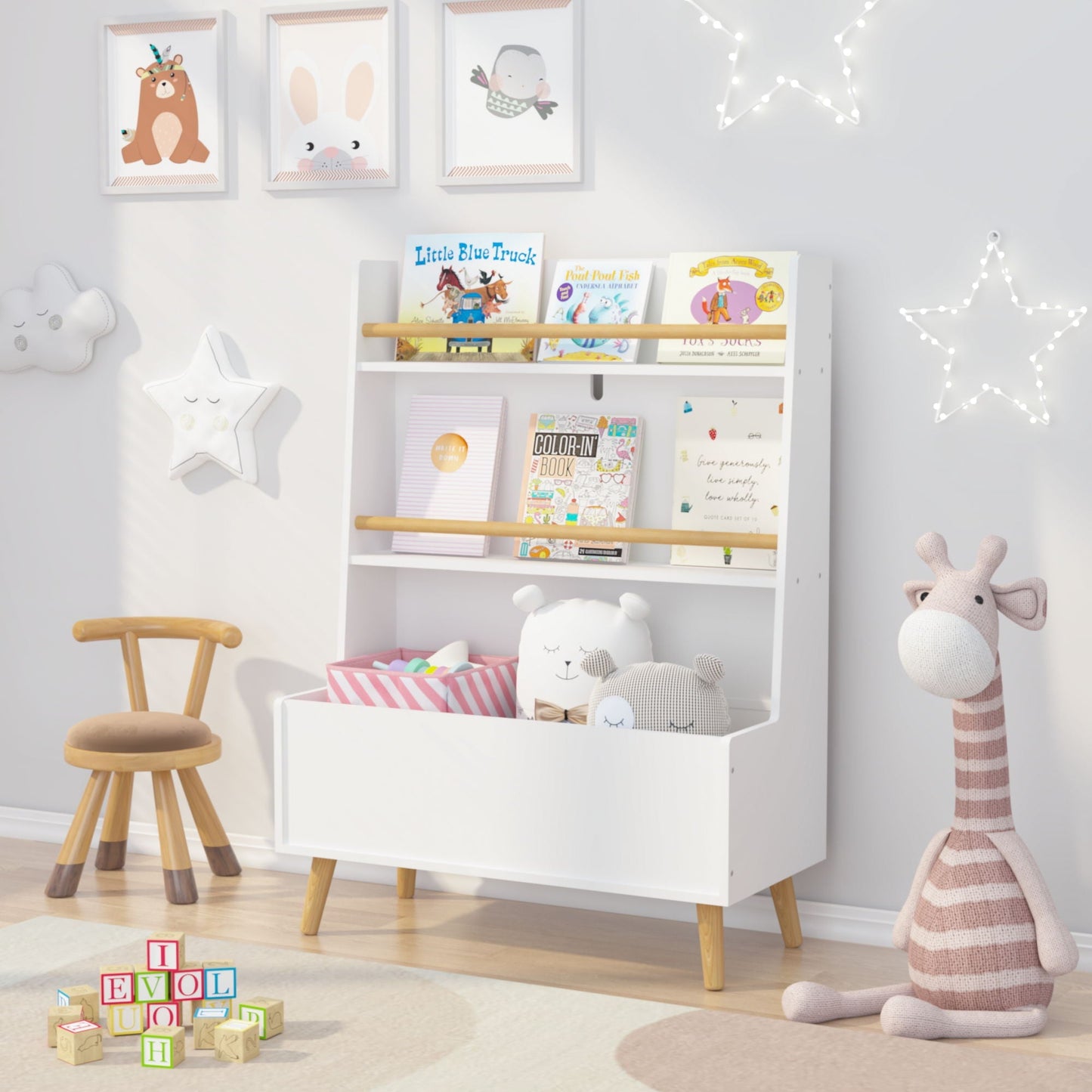 Bookshelf, Book Organizer With Toy Storage - White
