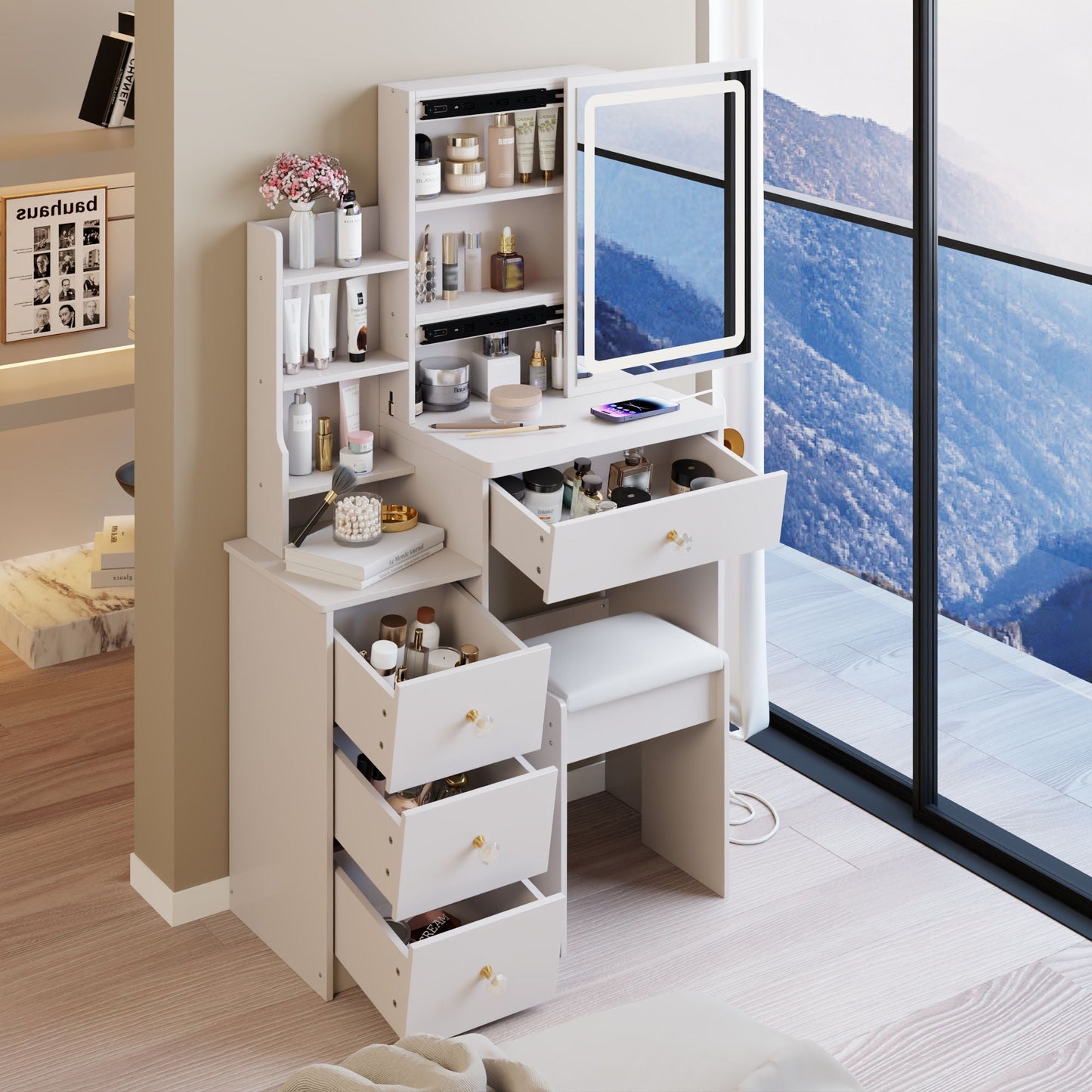Cabinet Vanity Table & Cushioned Stool, USB Power Station, Hair Dryer Bracket - White