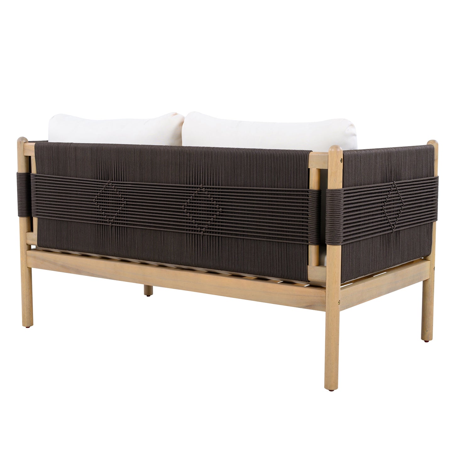 Outdoor Acacia Wood Loveseat with Diamond Rope Weave & Cushions, Light Teak