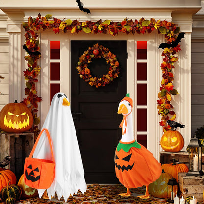 Halloween Fall Porch Goose Outfit, 23in Lawn Goose Cloth Halloween Ghost Pumpkin Costume For Lawn Goose, Patio Yard Art Geese Decor, Thanksgiving Fall Themes Seasonal Accessory