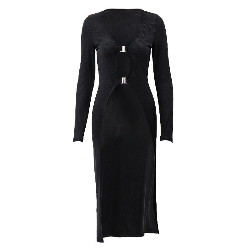 Sexy Black V-neck Low-cut Metal Buckle long summer Cardigan