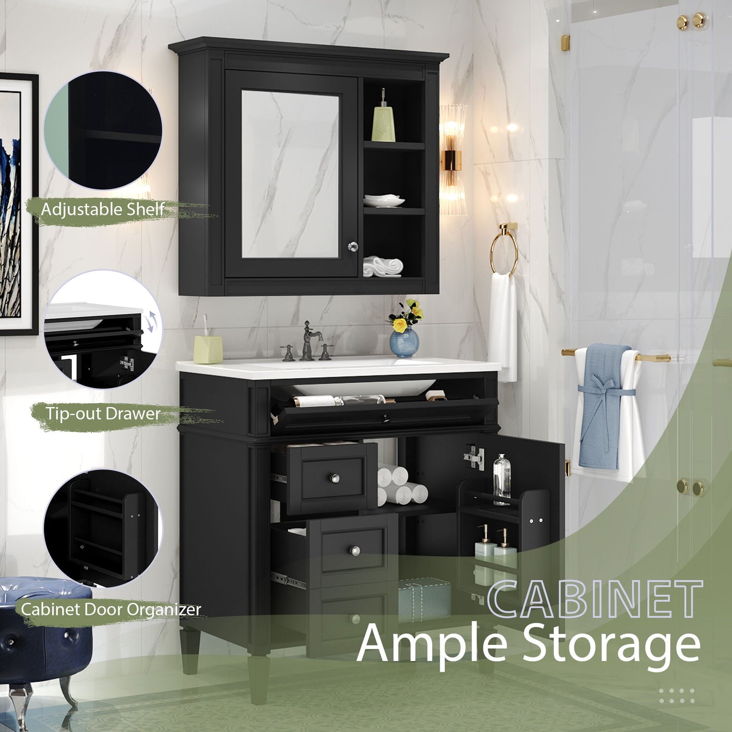 Bathroom Vanity With Medicine Cabinet, Royal Mirror Cabinet, Modern Bathroom Storage Cabinet With 2 Soft Closing Doors And 4 Drawers