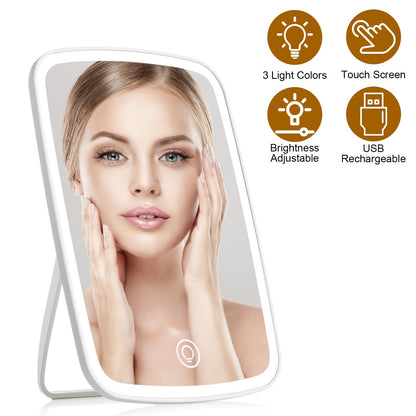 5.98x8.62in Lighted Makeup Mirror Vanity Desk Mirror Small LED Mirror with 3 Light Colors Touch Screen Brightness Adjustable USB Rechargeable