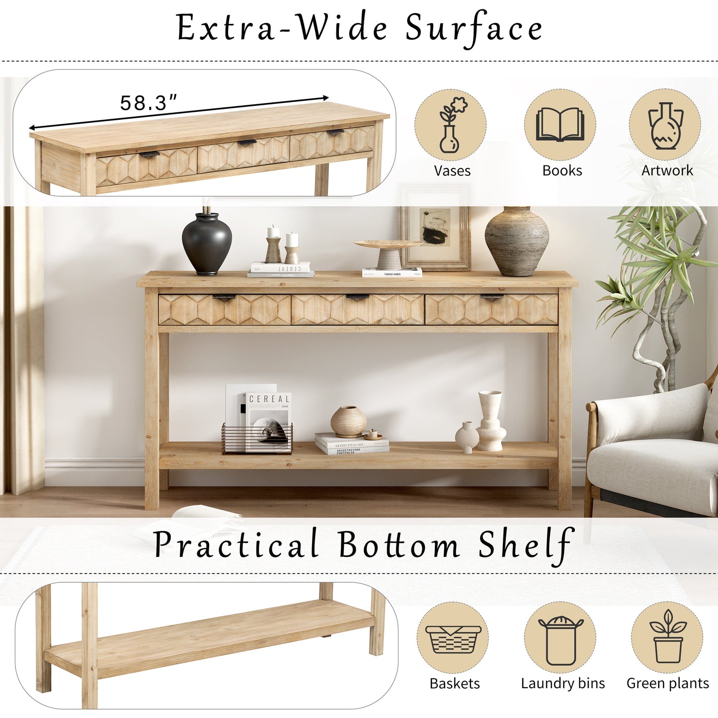 U_Style 58.3'' Fir Veneer Entryway Table with Honeycomb-patterned Fronts