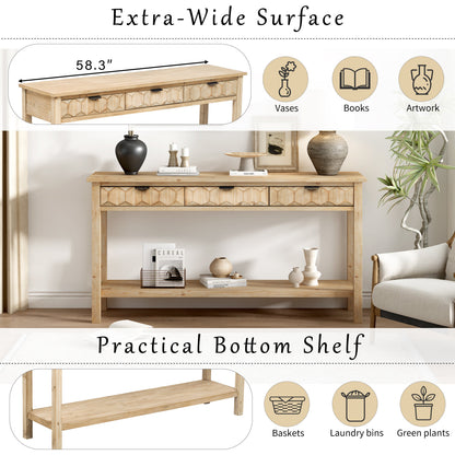 U_Style 58.3'' Fir Veneer Entryway Table with Honeycomb-patterned Fronts