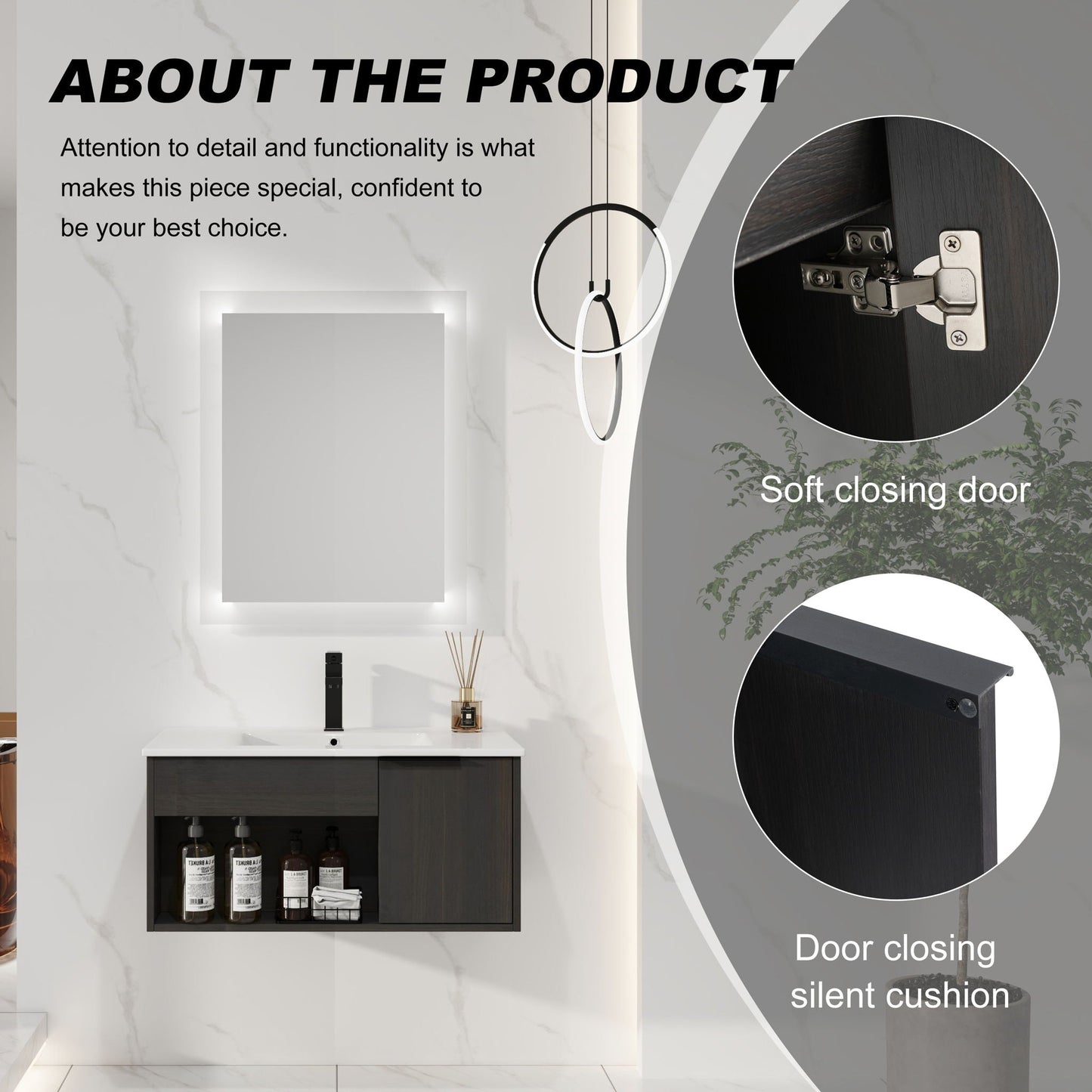 Wall Mounted Floating Bathroom Vanity With Open Shelf & Soft Close Door