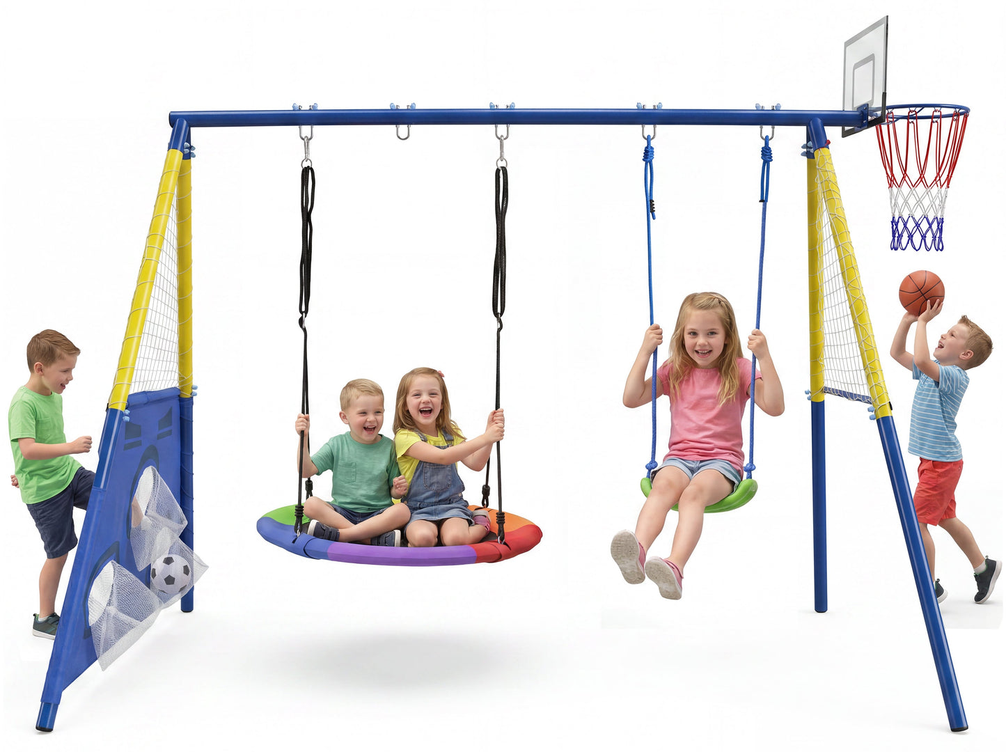 5-in-1 Kids Swing Set with Saucer Swing, Belt Swing, Basketball Hoop & Soccer Goal