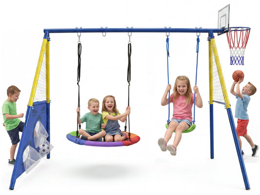 5-in-1 Kids Swing Set with Saucer Swing, Belt Swing, Basketball Hoop & Soccer Goal