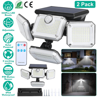 2 Pack Solar Powered Wall Lights IP44 Waterproof Motion Sensor Lights with 4 Adjustable Heads 333Pcs LED Beads 120¡ Sensing Angle Remote Control for Y