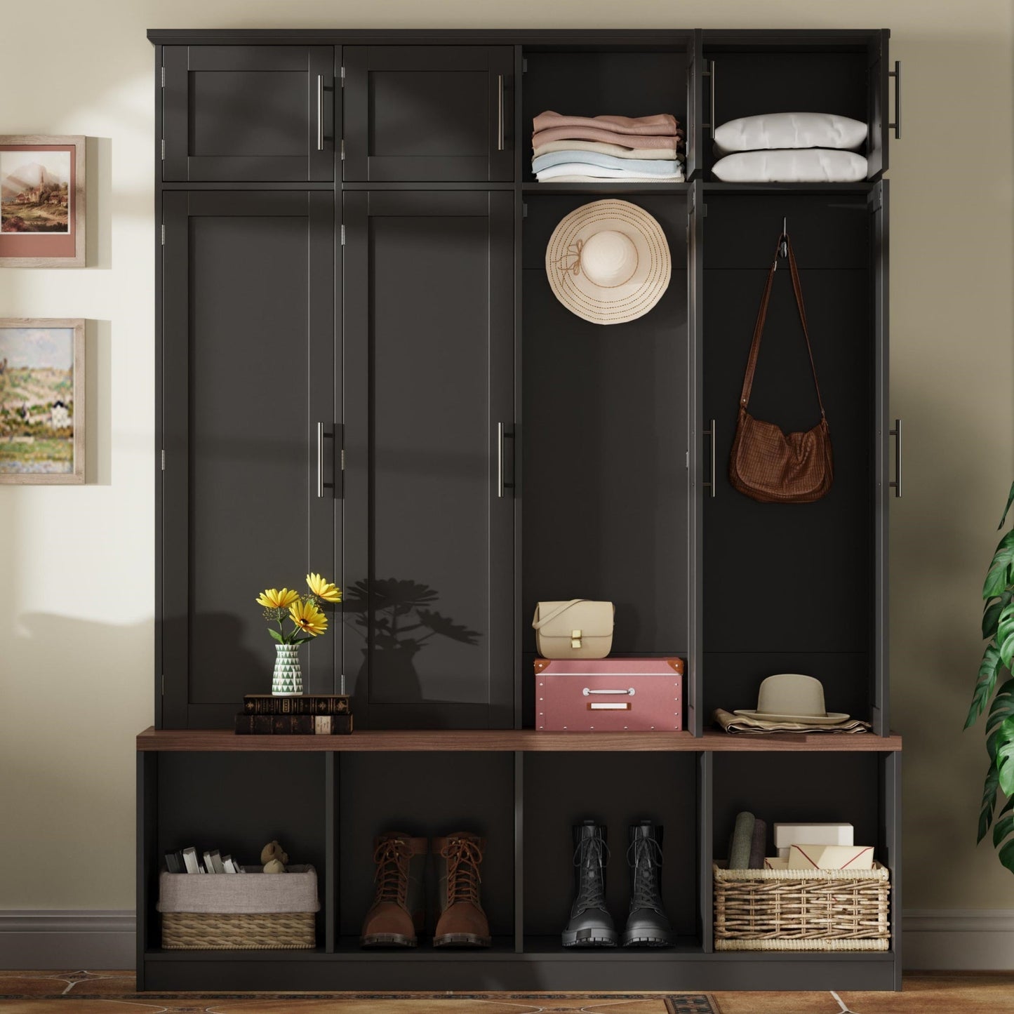 Farmhouse Hall Tree with 4 Hidden Hanging Hooks and Storage Bench