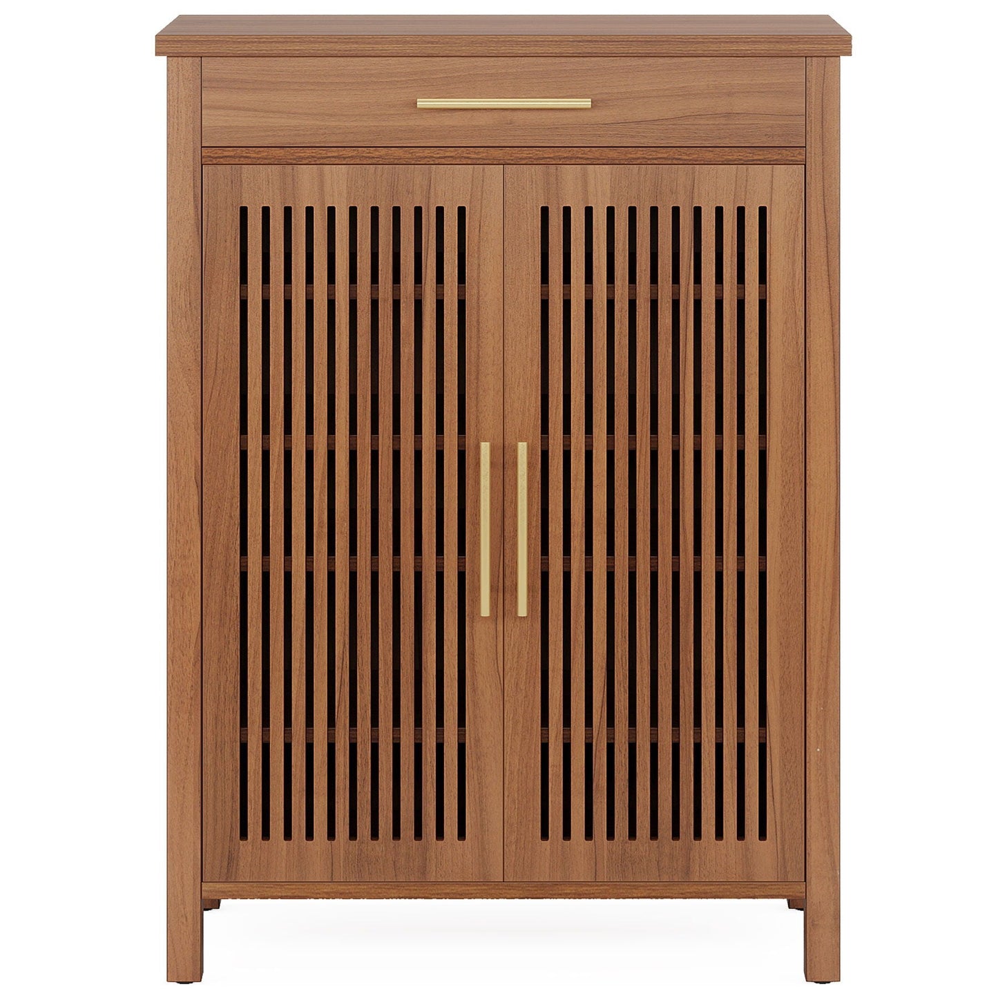 5 Tier Shoe Cabinet With Louvered Doors And Drawer, Freestanding Organizer With Adjustable Shelves For Entryway - Brown