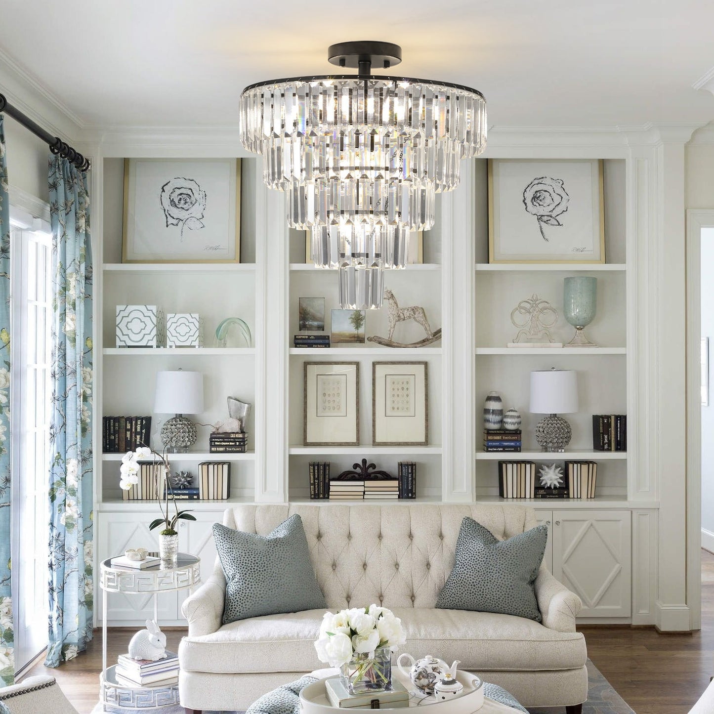 20' Black Crystal Chandelier Ceiling Light, Modern Luxury 10-Light Flush Mount