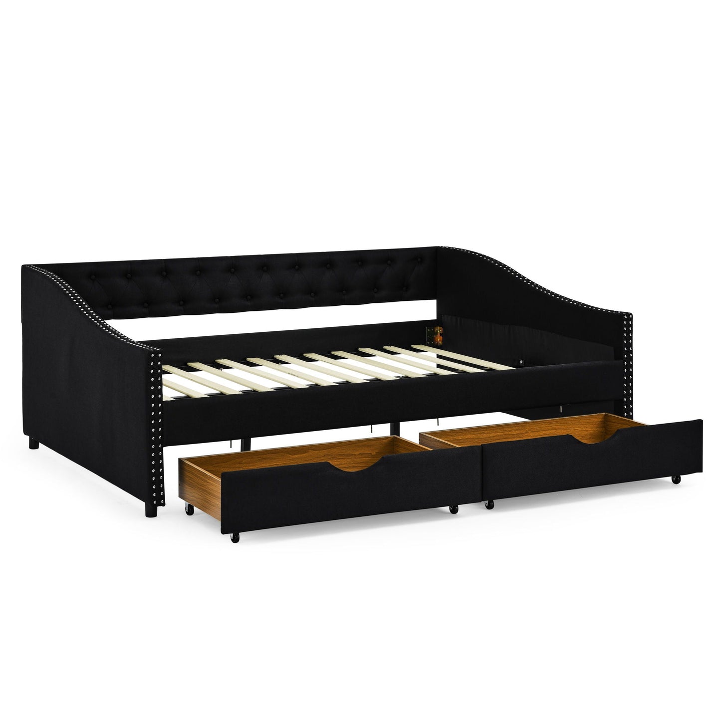 Upholstered Tufted Daybed With 2 Drawers, Waved Arms