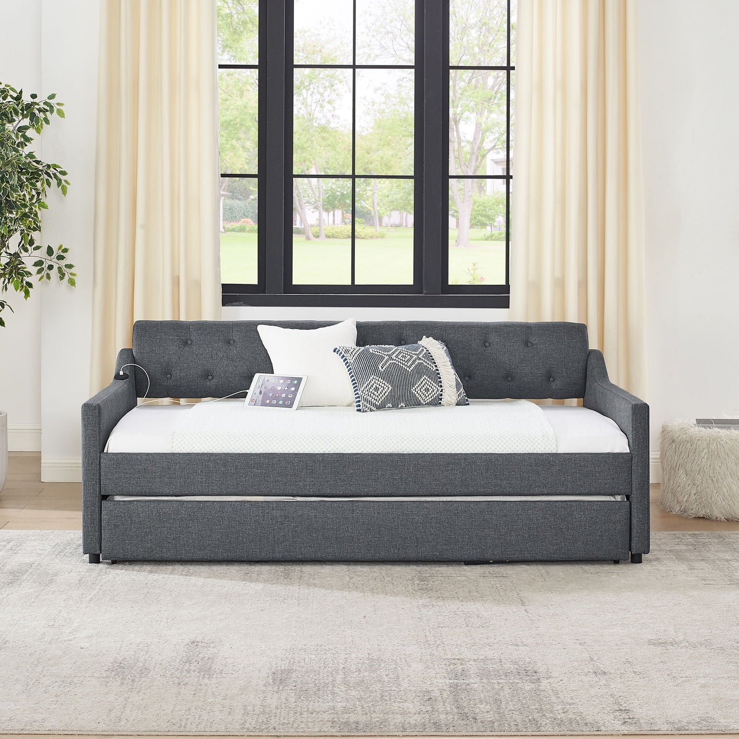 Size Upholstered Daybed With Trundle And USB Charging Armrest