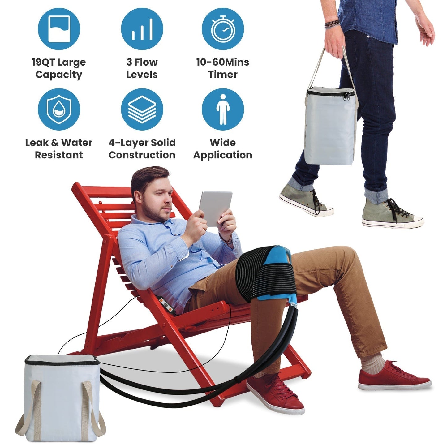 19QT Portable Cold Therapy Machine Programmable Ice Therapy Machine Cold Rush Therapy Machine System with 3 Flow Levels 10-60Mins Timer 3 Elastic Band