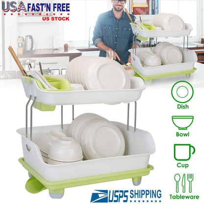 2-Tier Dish Drying Rack Cutlery Drainer Holder Kitchen Organizer Storage Shelf