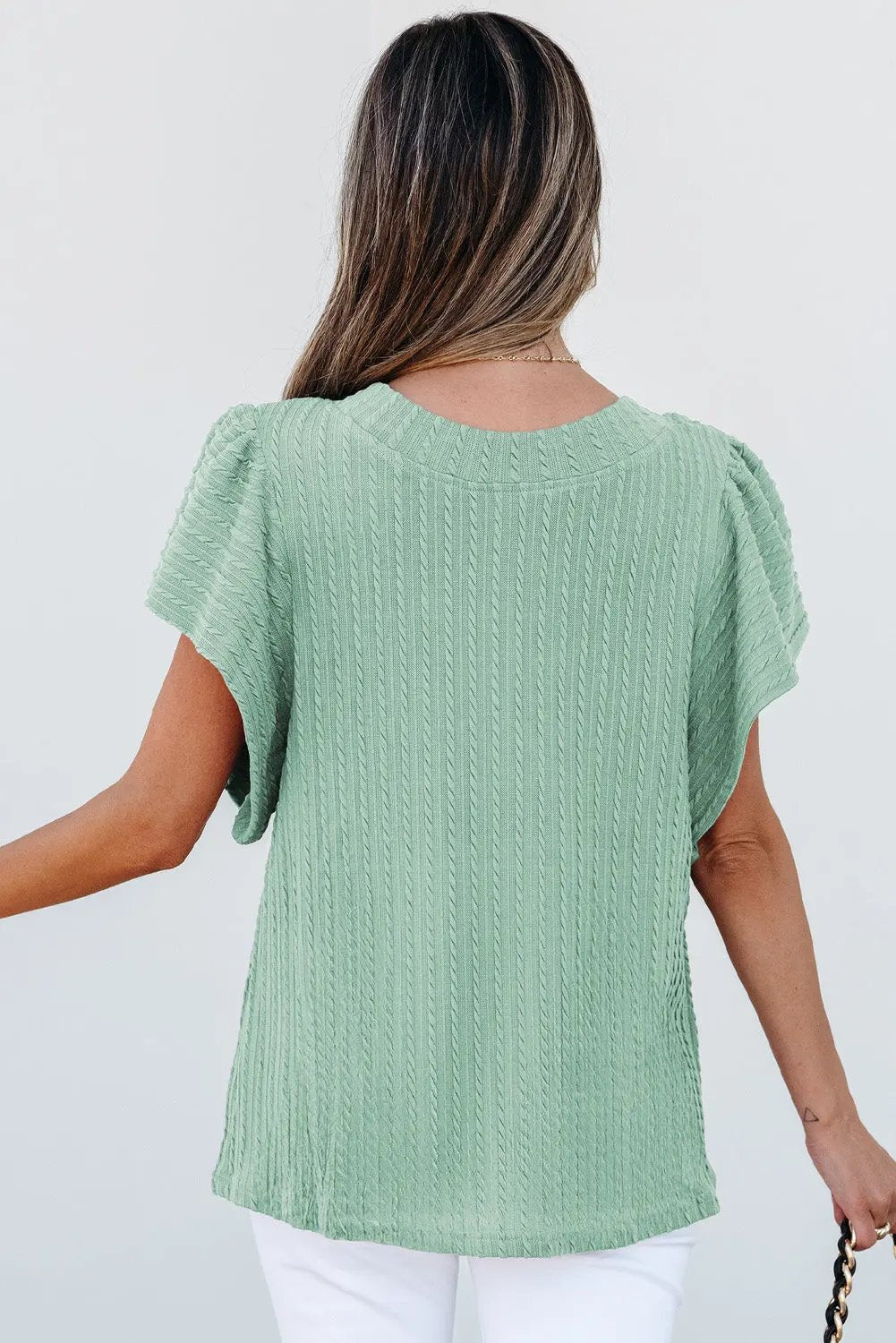 Accessories Love Salve Green Textured Top Women's Daily Wear Flutter Sleeve Blouse - Summer Ready