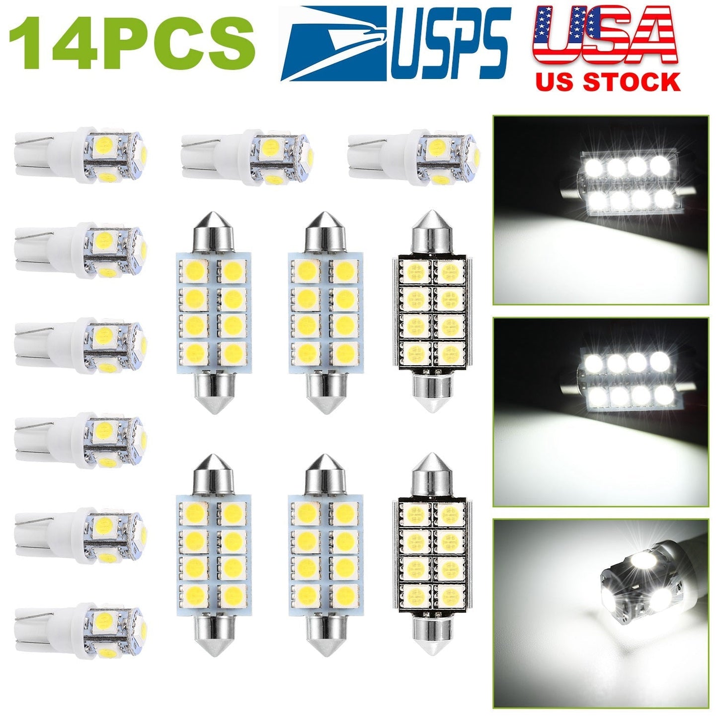 14Pcs T10 41mm Festoon LED Light Bulb Interior Dome Map LED Lights License Plate Trunk Side Positioning Lights 6000K White