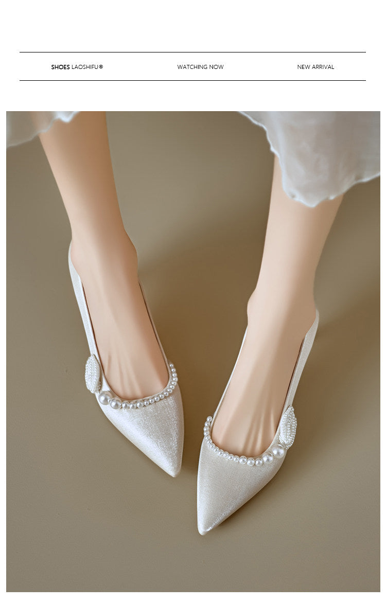 Women Soft Leather French Pointed Toe Pearl Thin Heel Pumps, 2026 New Comfortable High Heels, Shallow Mouth Party Dress Shoes