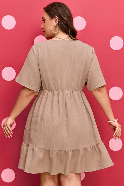 Dark Khaki Textured Ruffled Short Sleeve Dress