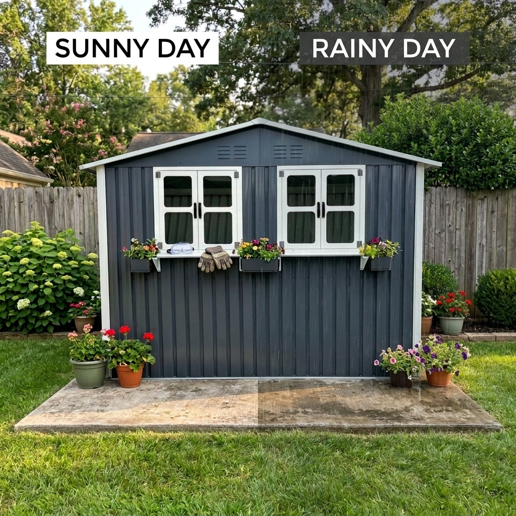 6x9 FT Outdoor Metal Storage Shed with Window & Flower Rack