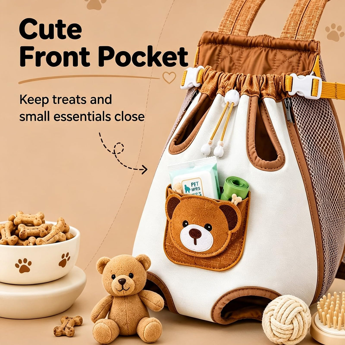 Cute Bear Pet Front Carrier Backpack, Hands Free Chest Carry Bag For Small Dogs Cats, Breathable Legs Out Design Adjustable Secure Buckles For Daily Walking Travel