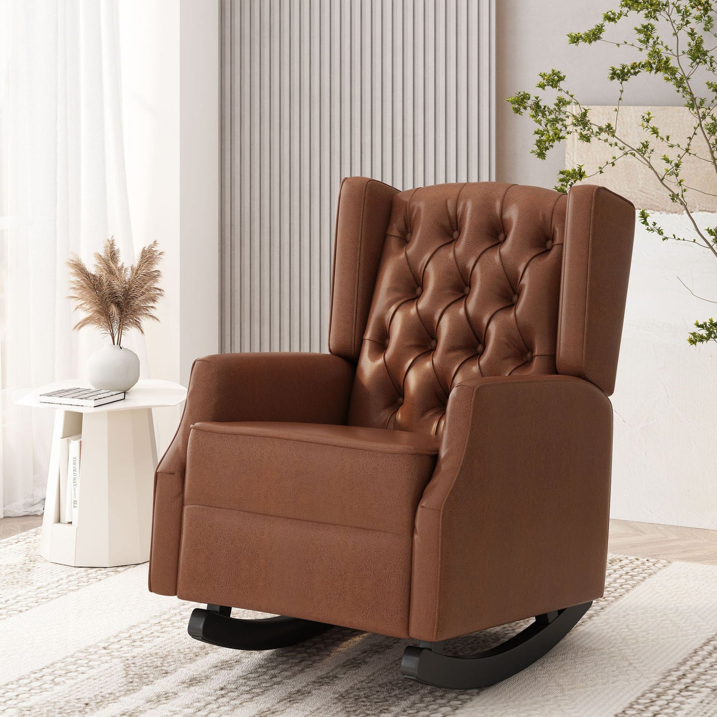 Moss Upholstered Rocking Recliner With Diamond Tufting And Wingback - Light Brown
