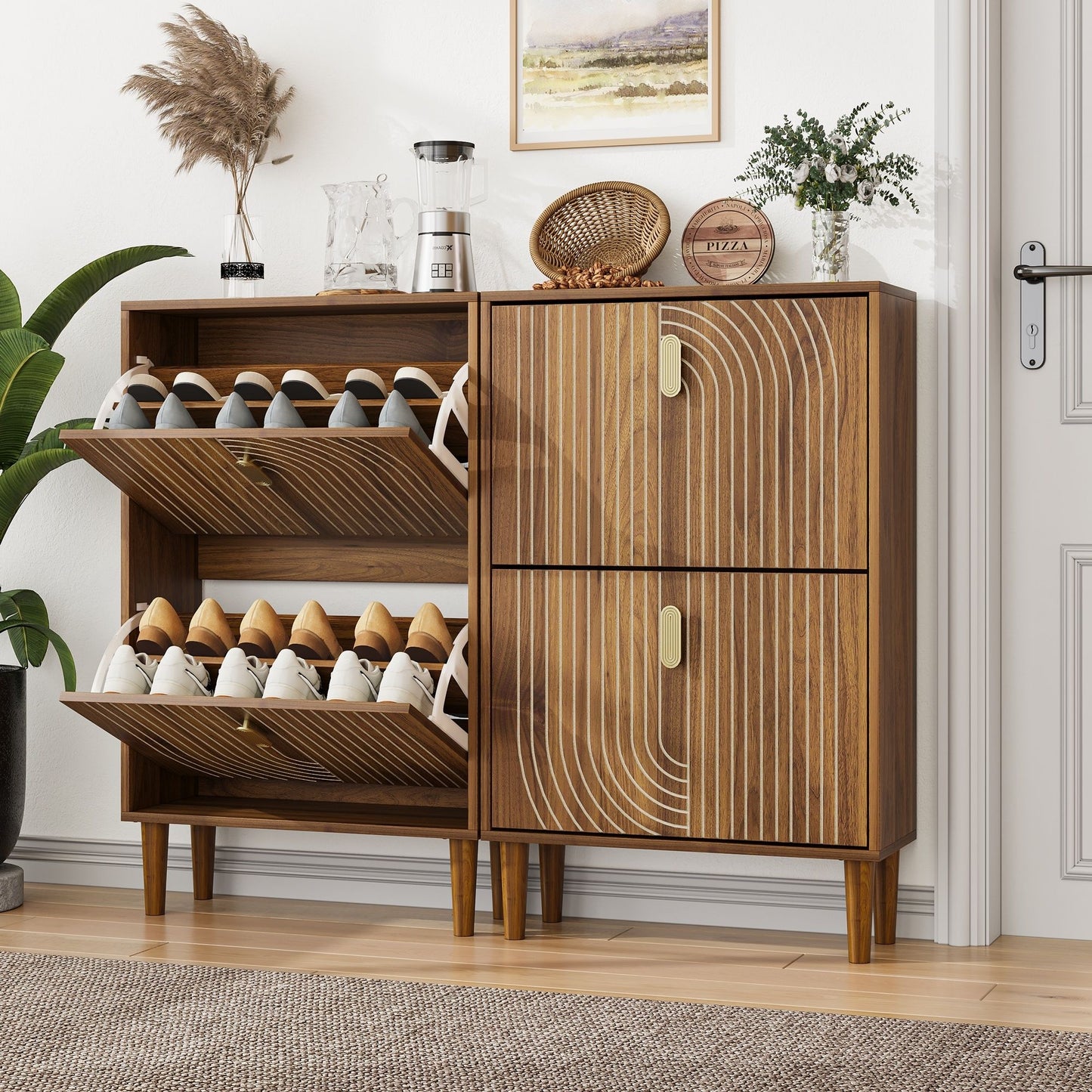 Modern Minimalist Shoe Storage Cabinet With 2 Flip Drawers And Metal Handles - Brown