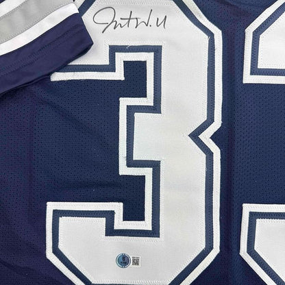 Framed Autographed/Signed Javonte Williams 35x39 Dallas Blue Football Jersey Beckett BAS COA