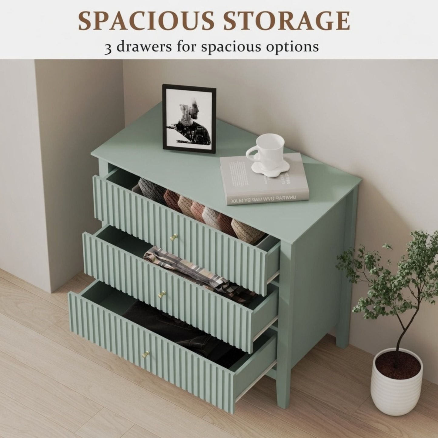 Fluted 3 Drawer Nightstand With Soft Close Slides