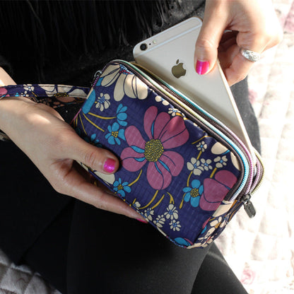 Floral Printed Fabric Wristlet Wallet for Women - Double Zipper Clutch with Wrist Strap