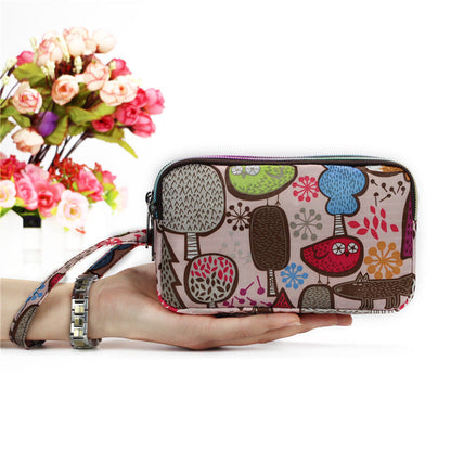 Floral Printed Fabric Wristlet Wallet for Women - Double Zipper Clutch with Wrist Strap