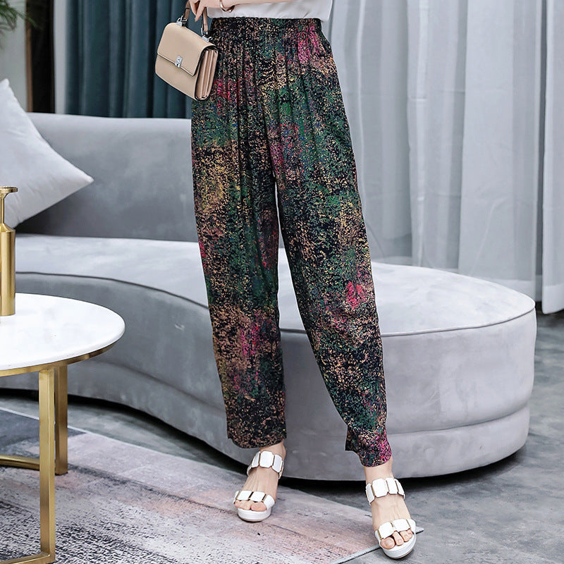 Vibrant Red & Blue Floral Cotton Linen Bloomers | Plus Size Breathable Mother Pants High-Waisted Comfort Slacks