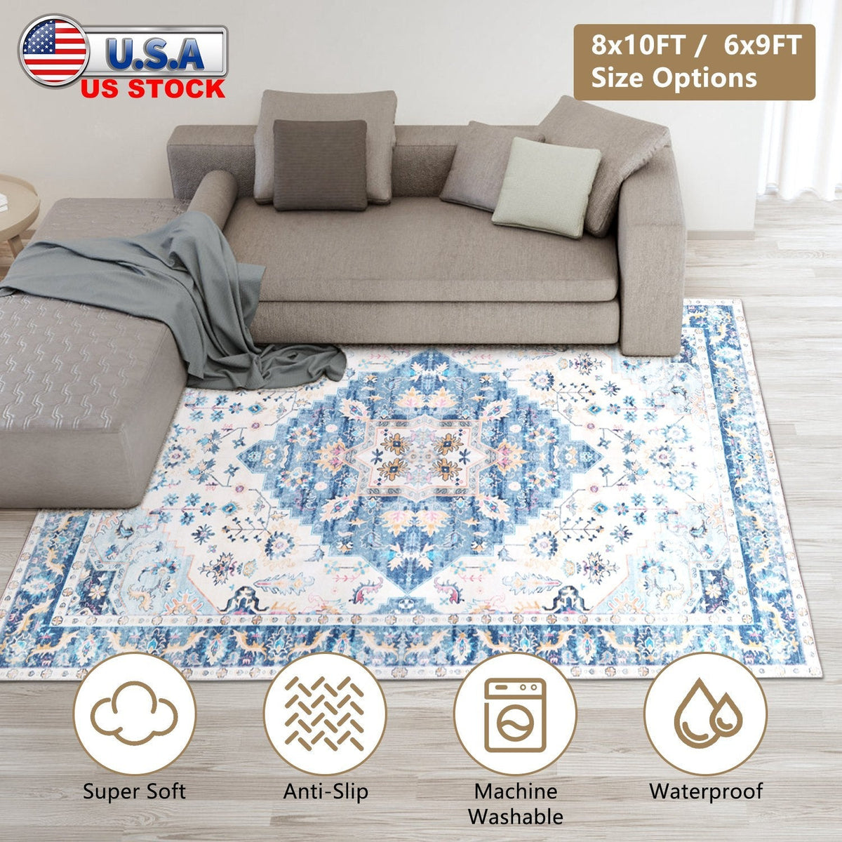 6x9FT VintageÊArea Rug Modern Non Slip Carpet Boho Low Pile Soft Rug Waterproof Machine Washable Rug for Living Room BedroomÊKitchen Dining Room Under