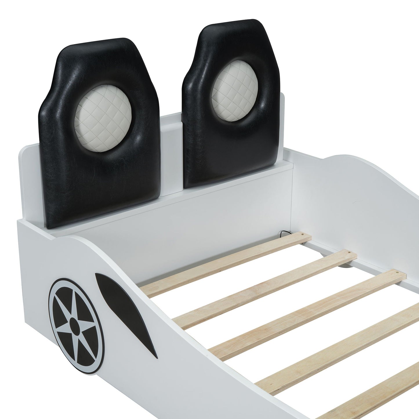 Race Car Shaped Platform Bed With LED And Upholstered Backrest In